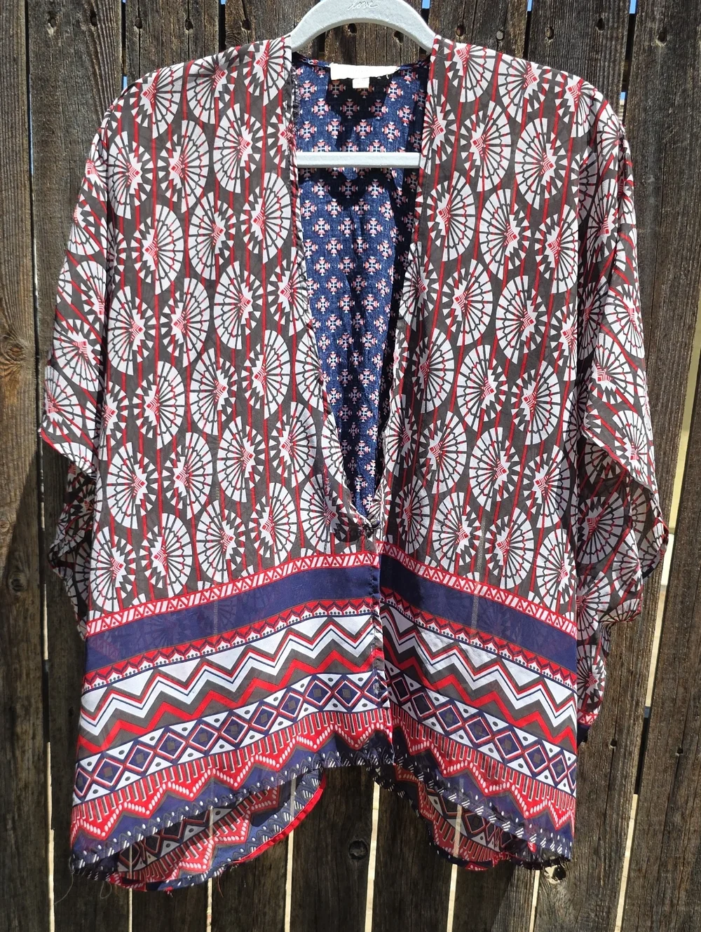 Umgee Navy and Red Geometric Open-Front Kimono Coverup Loose Small/Med